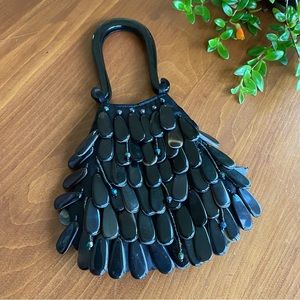 Vintage Brown Tortoise Shell Dangling Purse Hand Bag Iridescent Beads